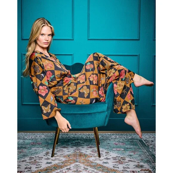 PRINTFRESH Botanical Checkerboard Wrap Pajama Set L - Picture 1 of 6